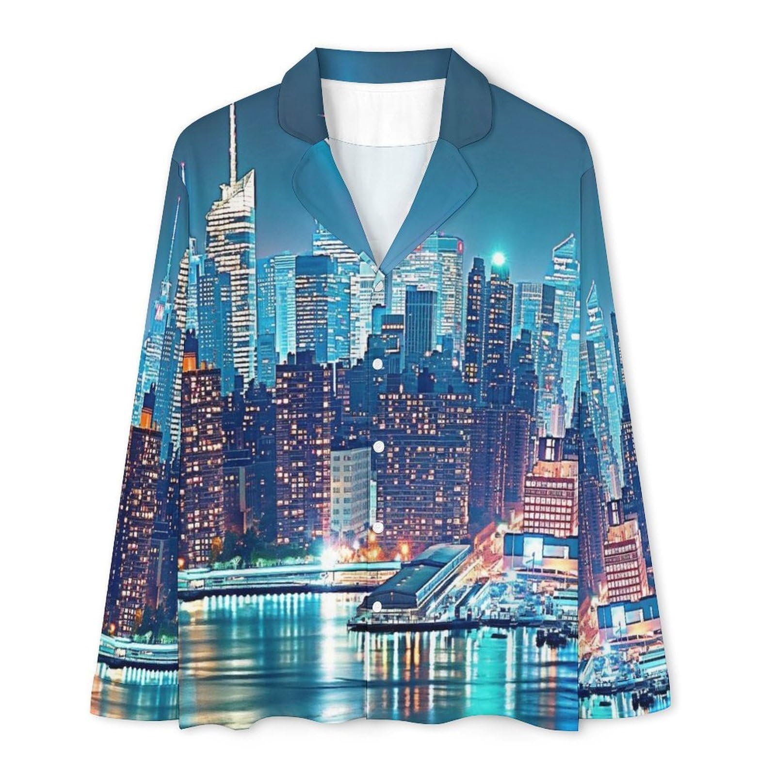 OLEETS Completo Pigiama da Uomo - Vista Notturna della Città Pigiama Invernale Pantaloni Top Caldo Autunnale Traspirante Morbido 2 Pezzi Casual Ampio