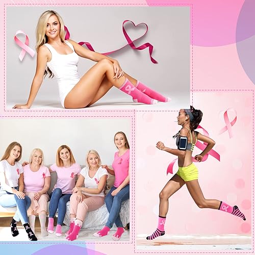 Miniatura 6 de Hercicy 96 pares de calcetines de concientización sobre el cáncer de mama, calcetines deportivos de cinta rosa para concientización sobre el cáncer