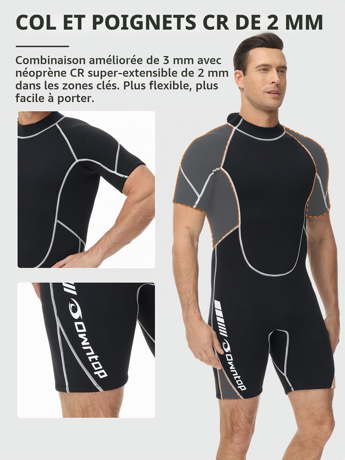 Owntop Combinaison Shorty 3/2mm Hommes - Combinaison de Plongée à Fermeture Éclair Arrière pour Plongée Surf, Manches Courtes Néoprène Extensible pour Sports Nautiques, Homme Noir XL