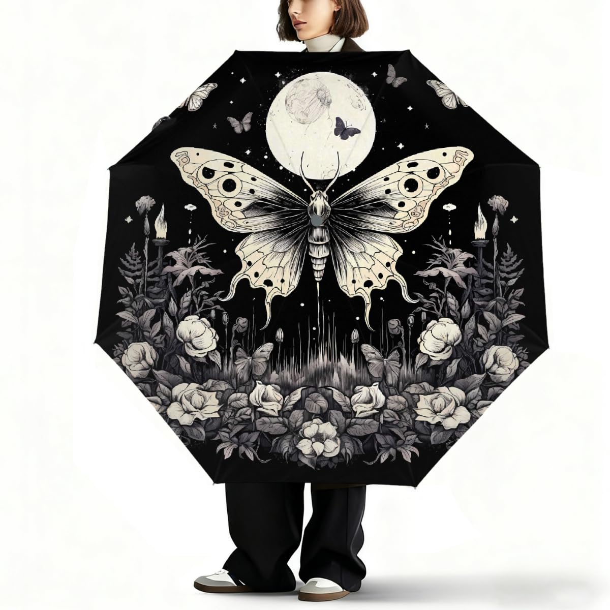 Ombrello pieghevole etnico farfalla luna fiore ombrello da viaggio compatto antivento impermeabile con protezione UV rivestimento nero leggero 8 coste portatile per pioggia sole