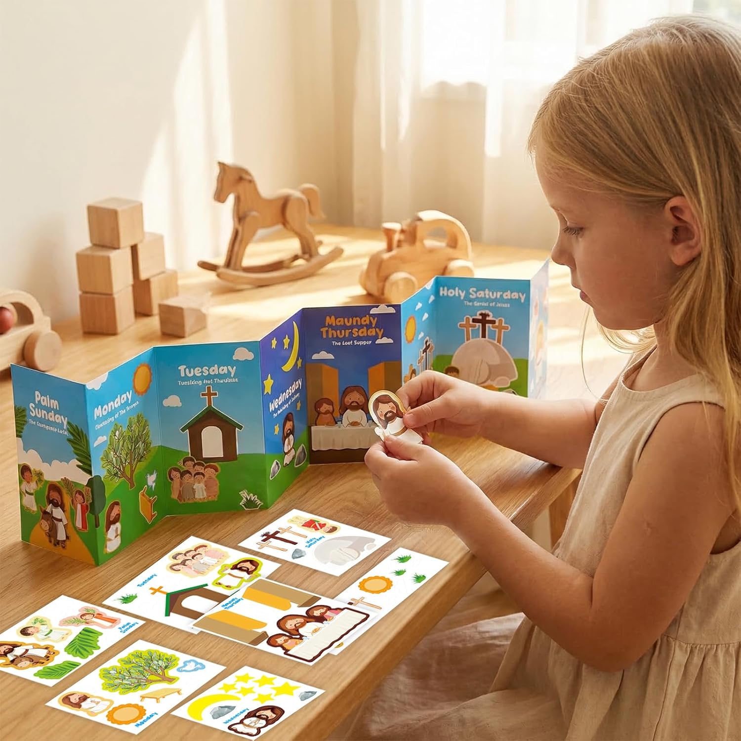 Fancy Land 24 Sets Religious Easter Crafts Holy Week Scene Kits Christian Resurrection Cards with Jesus Cross Stickers for Palm Sunday School DIY Project
