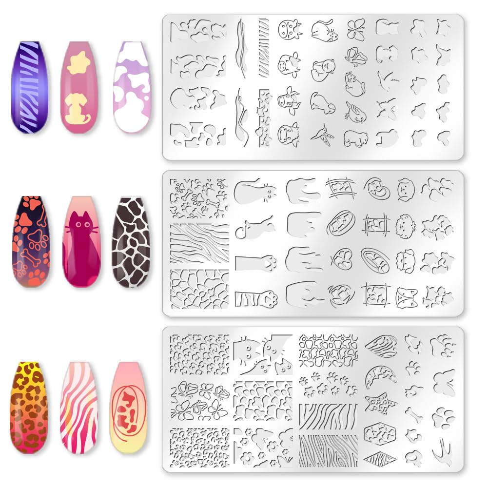 beinkmake 3Pcs Cute Animals Nail Stamping Plate Set Cat Puppy Butterfly Nail Stamp Templates Zebra Cow Texture Metal Reusable Tools with Stamper Scraper for Manicure Printing - Image 3