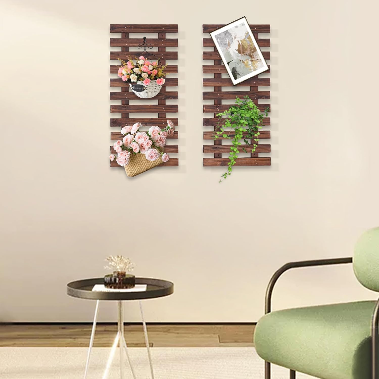 2 PCS Wooden Hanging Planter Rack, 23.6" x 11.4" Indoor/Outdoor Wall Mount Planter Stand Frame, Vertical Herb Garden Decor, Flower Rack, Rustic Shelf Outdoor Patio Flower Stand