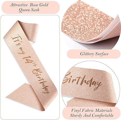 Miniatura 4 de Decoraciones de cumpleaños número 14 para niñas, banda y corona de cumpleaños número 14, tarjeta desplegable, decoración de pastel, velas y globos