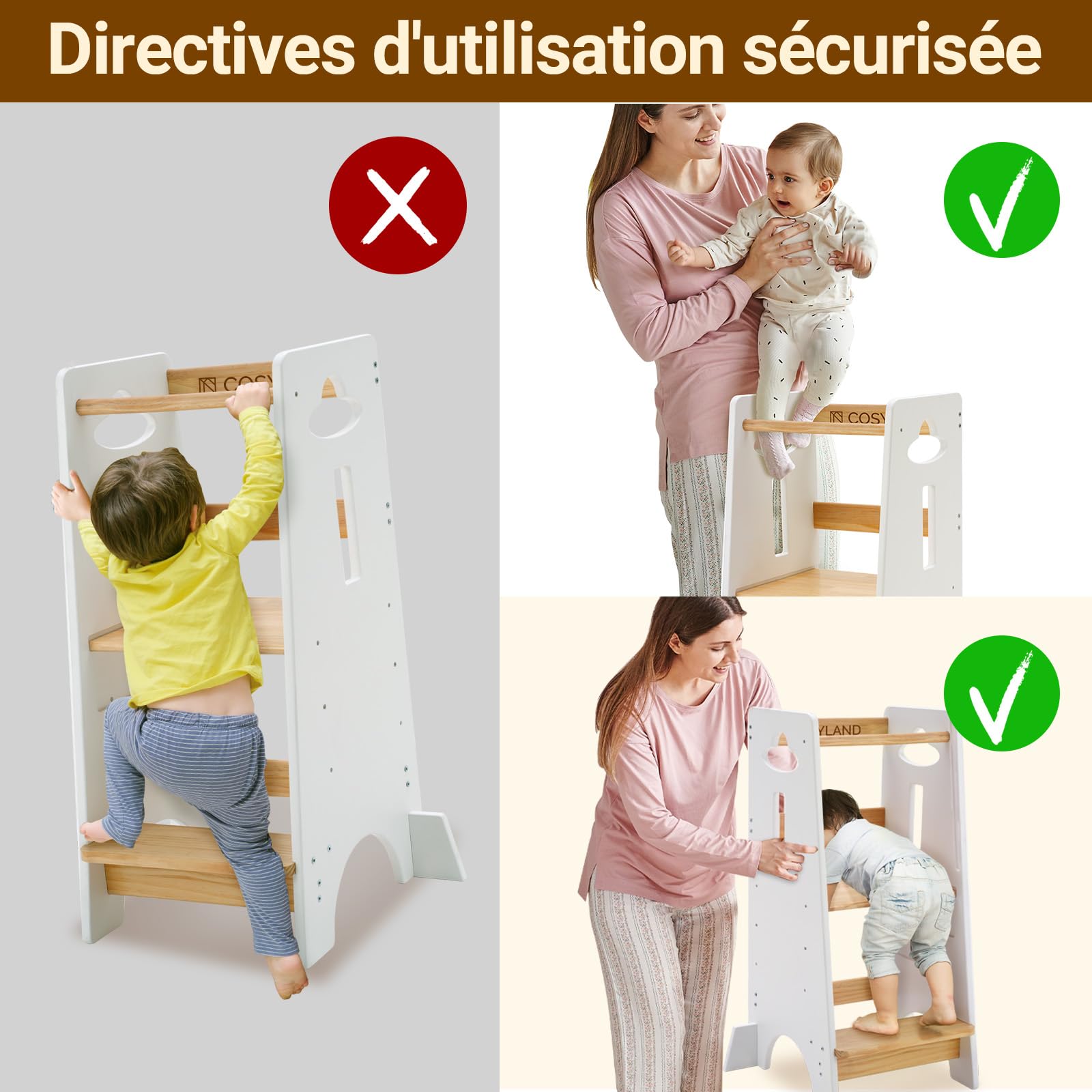 COSYLAND Tour d'apprentissage pour Enfants Bois Hauteur réglable 3 Niveaux 80 cm Blanc Classique Naturel