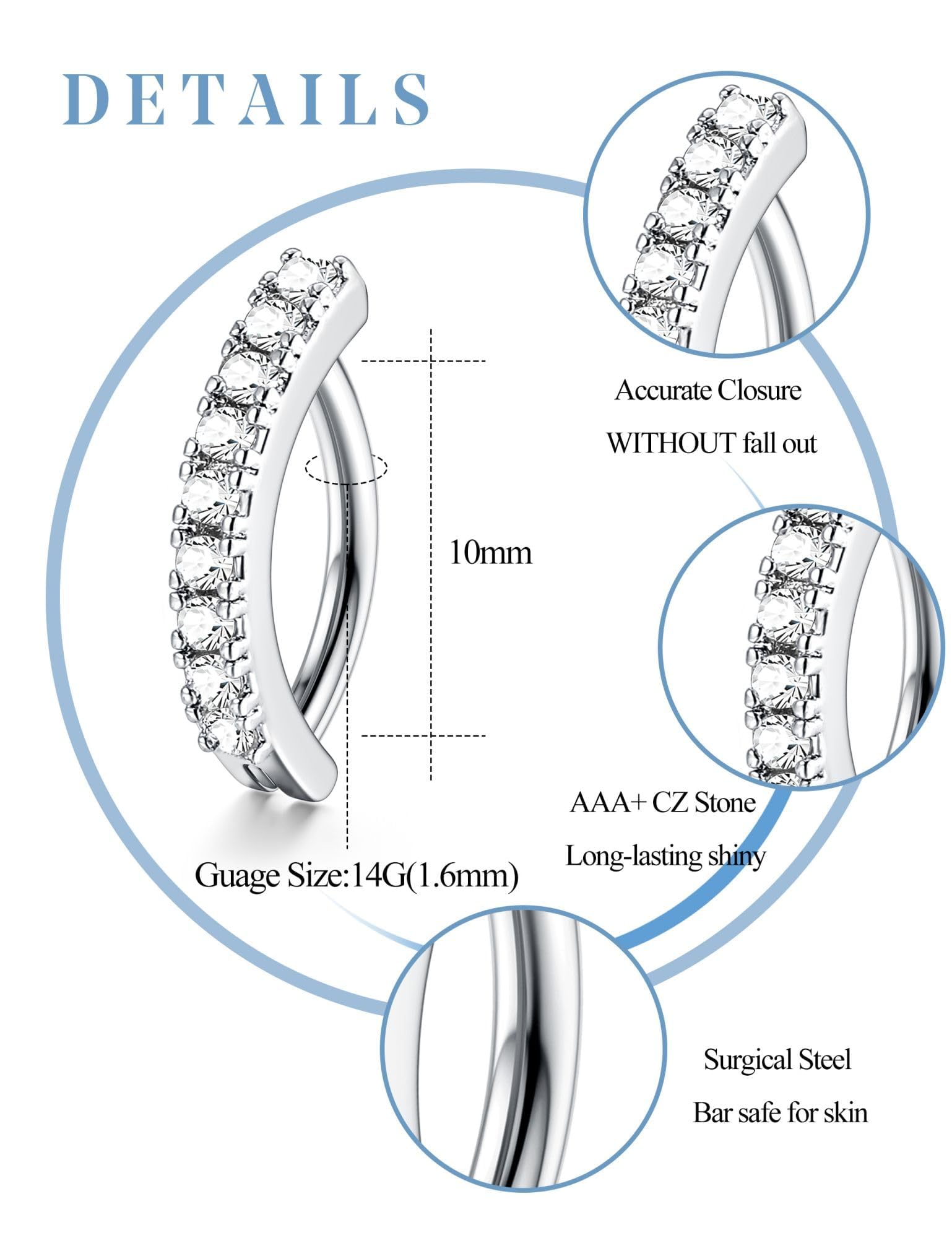 FIOROYAL 6 Piezas Piercings Ombligo Mujeres 14G Acero Quirurgico CZ Clicker