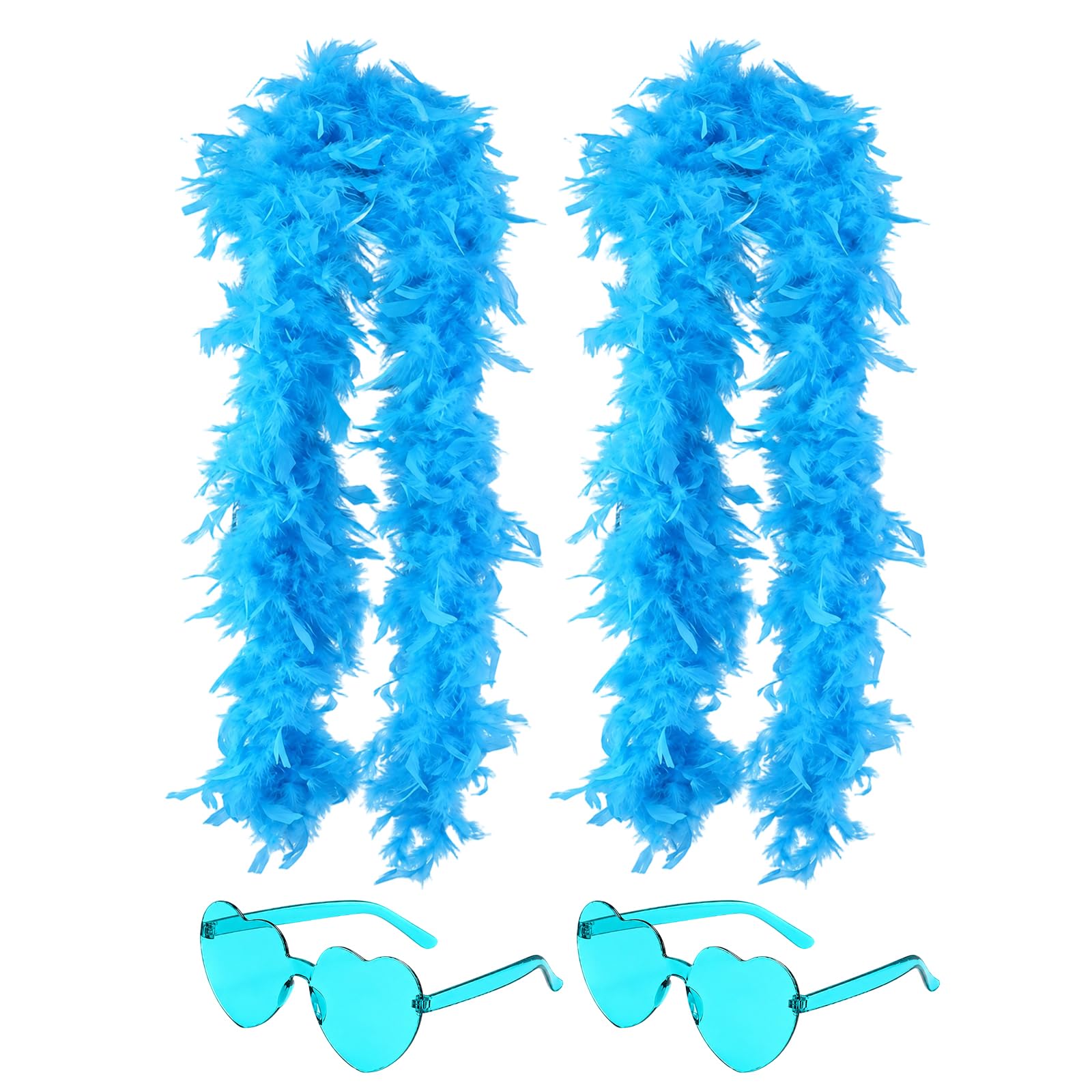 Blue Feather Boa Multipack, Lake Blue Feather Boas with Heart Accessories, Costume Accessories for Dance Performances and Themed Parties, Four Piece Set with Elegant Feather Design