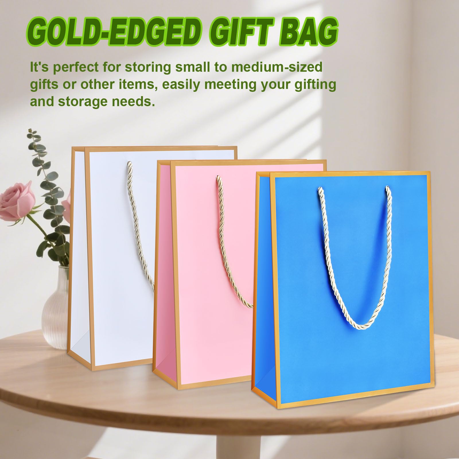 24Pack Medium Gift Bags with Handles,White Birthday Gift Bag 7,08'' x 3.14'' x 9.05',Welcome Bags Return Gifts with Golden Edge Design,Thank you Gifts Bag for Christmas Vacation Wedding Bridesmaid