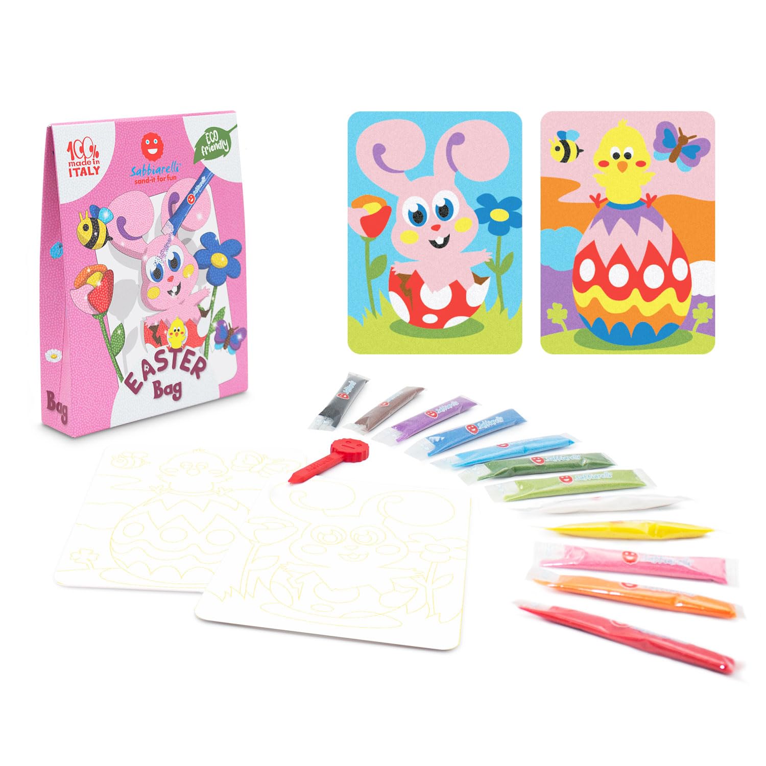 Sabbiarelli Sand-it For Fun - Bag Easter - Mini Set Lavoretti Creativi: Colora con la Sabbia i disegni dedicati alla Pasqua, 12 colori, Lavoretti Pasqua Bambini Anni 5+