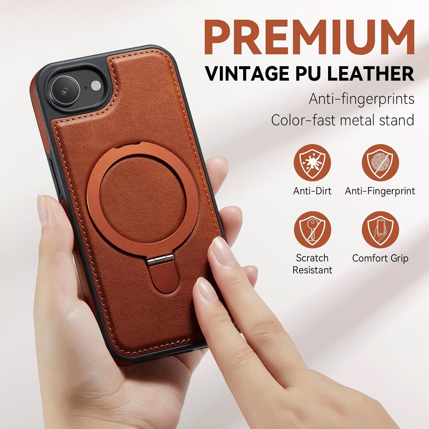 for iPhone 16E Case with Stand Compatible with Magsafe Slim PU Leather & Durable TPU Drop Proof Magnetic Kickstand Protective Phone Cover with Tempered Glass Screen Protector 16e 2025, Brown - Image 7