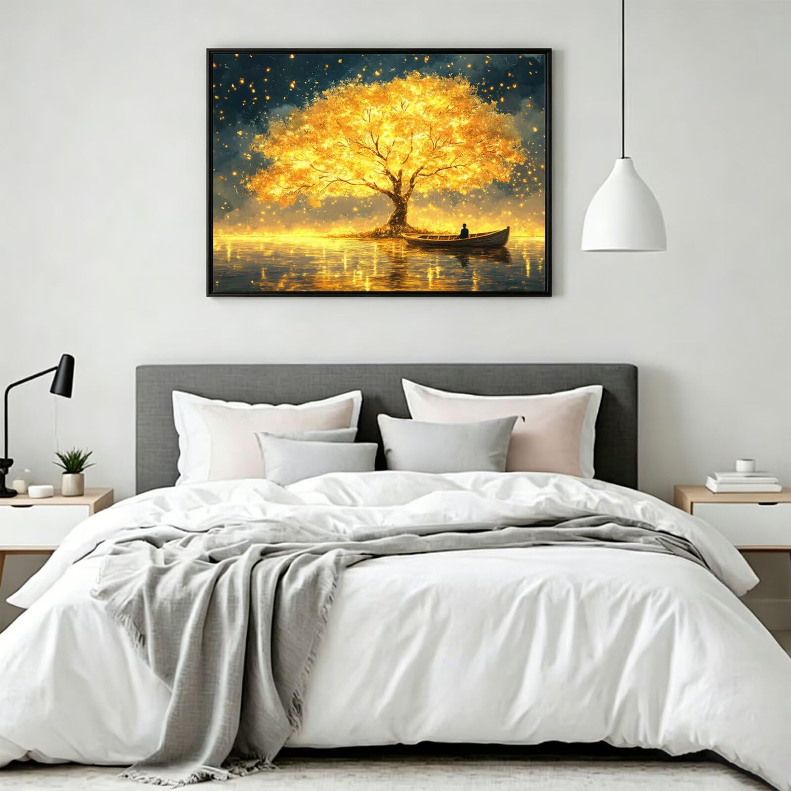 Q-827 malowanie według liczb, drzewo dla dorosłych, "zrób to sam", mała łódka, ręcznie malowany obraz olejny, płótno do malowania, 80 x 100 cm, bez ramy, zestaw do malowania według numerów, dekoracja