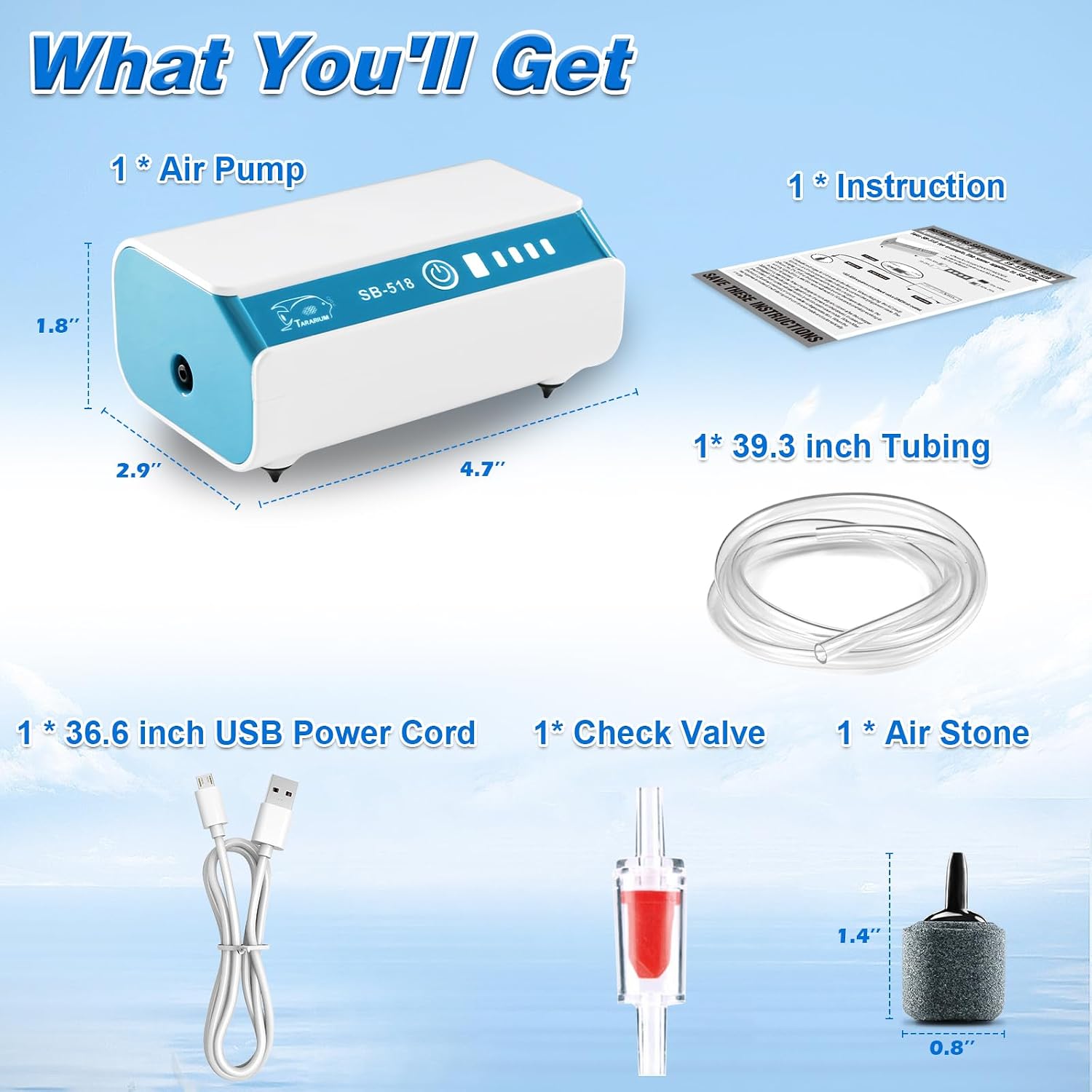 Contents of the TARARIUM USB Rechargeable Aquarium Air Pump SB-518 package