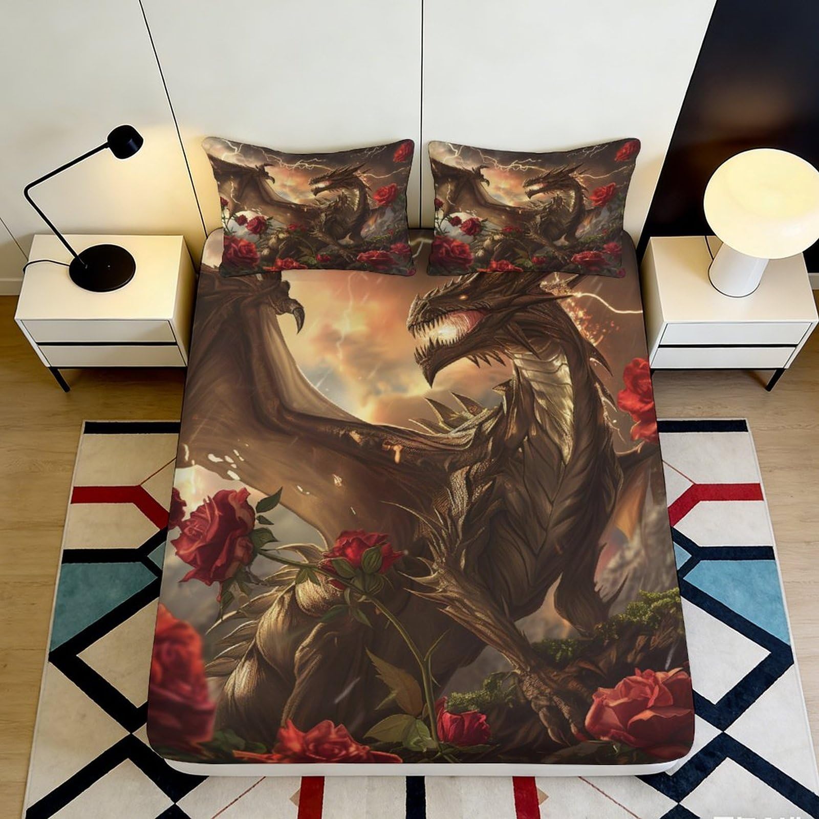 Uynsixtme Style-9 3D Printed Fantasy Dragon Fitted Sheet Microfiber Deep Pocket Non-Slip Bedroom Bedding Fantasy Dragon Mattress Fitted Cover Washable 90X200x25cm