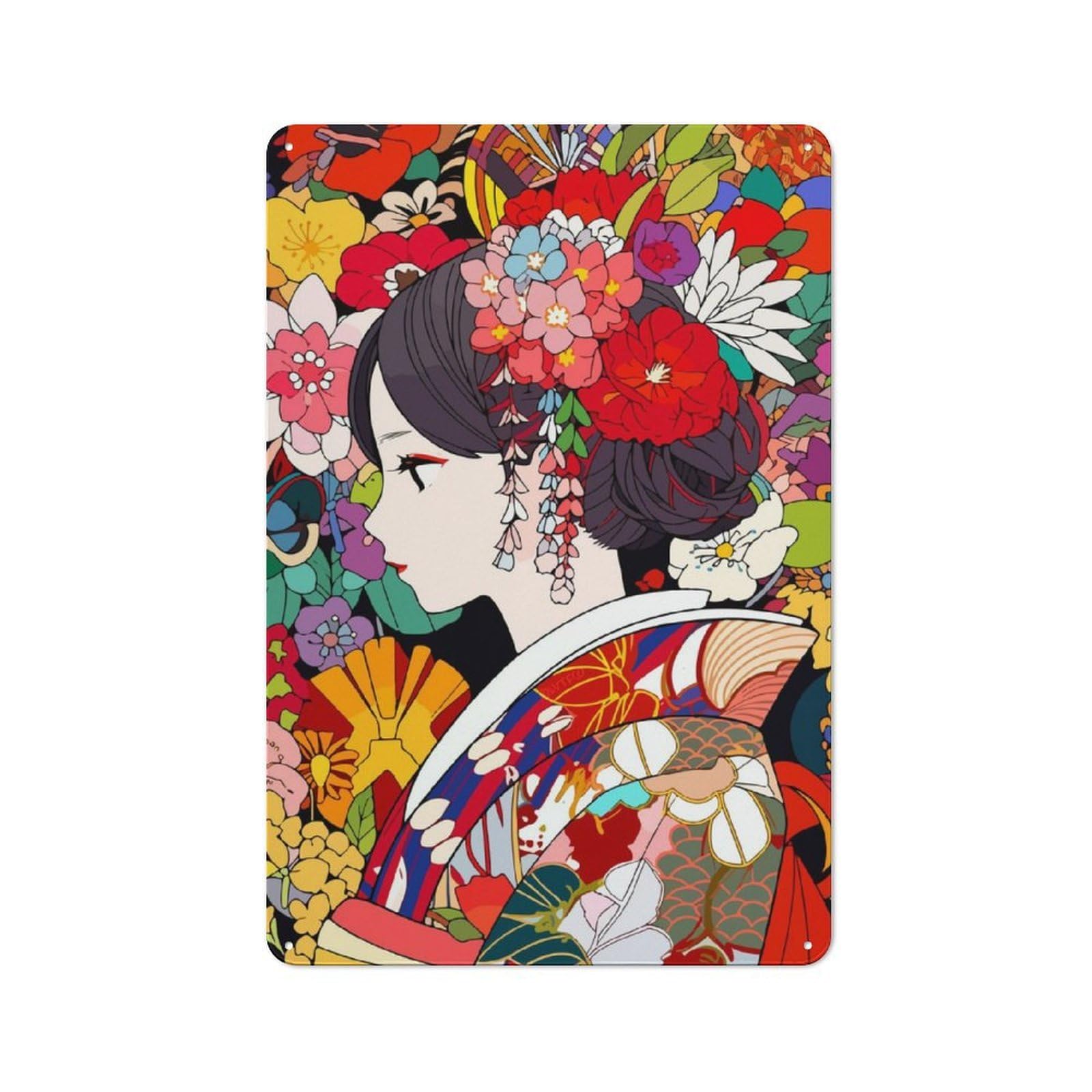 Junmoney Girls Japanese Art Kimono For Lounge Or Reading Corner, Rustic Tin Sign 30X20cm, For An Autumn Update To Lounge And Reading Corner