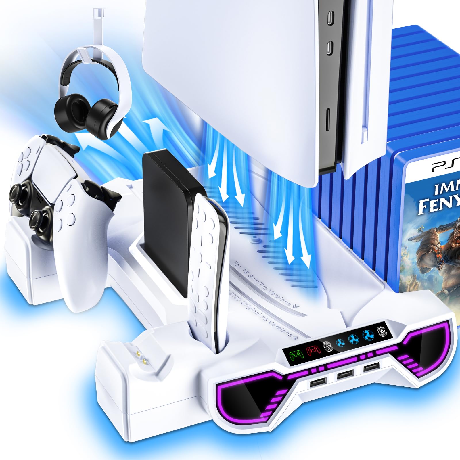 PS5 Slim Pro-Cooling-Station-with-Controller-Charging-Statio-for-Playstation-5 Console - LED PS5 Stand with Controller Charger Cooling Stand Accessory Kit-Turbo Fan Headset Holder