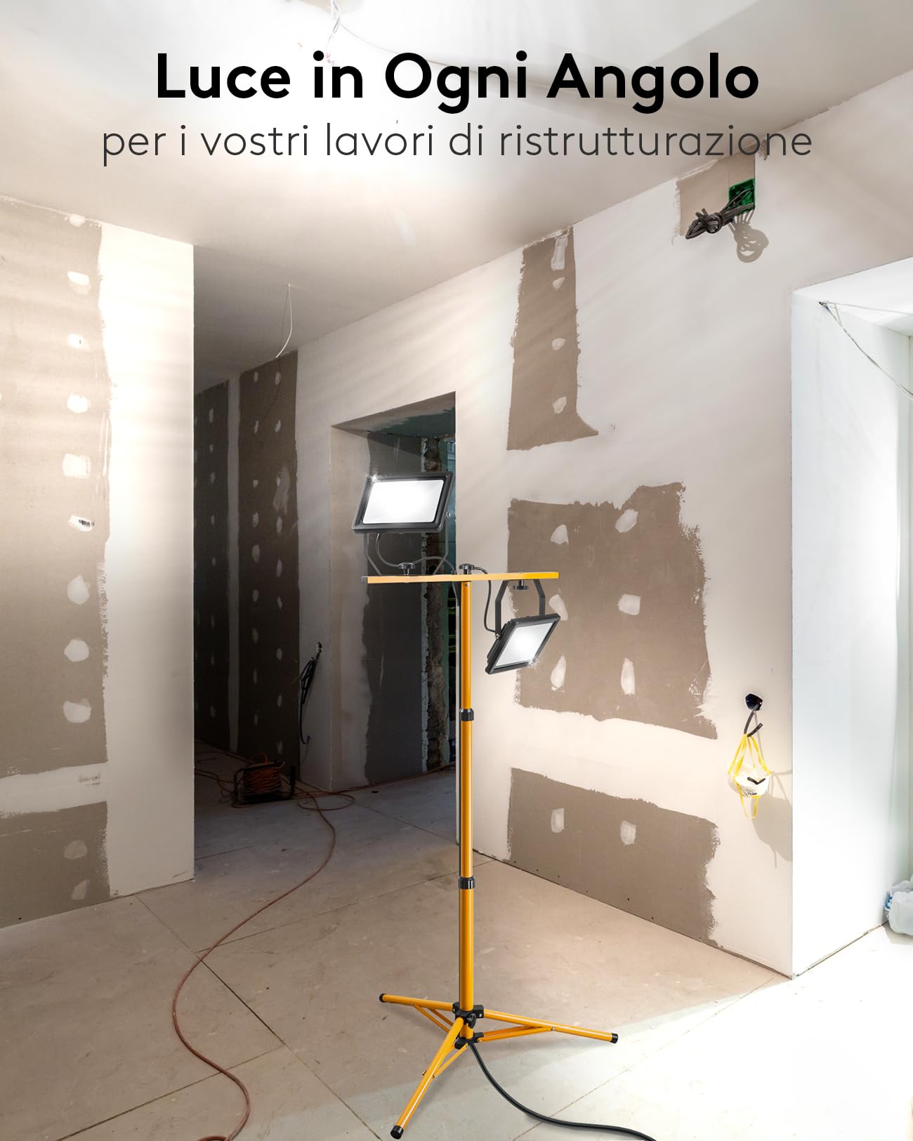 goobay 49984 Faretto LED da Cantiere telescopico, Doppia Testa, per Interni ed Esterni, treppiedi in Metallo, Luce Bianca Fredda, Giallo, 2x 50W