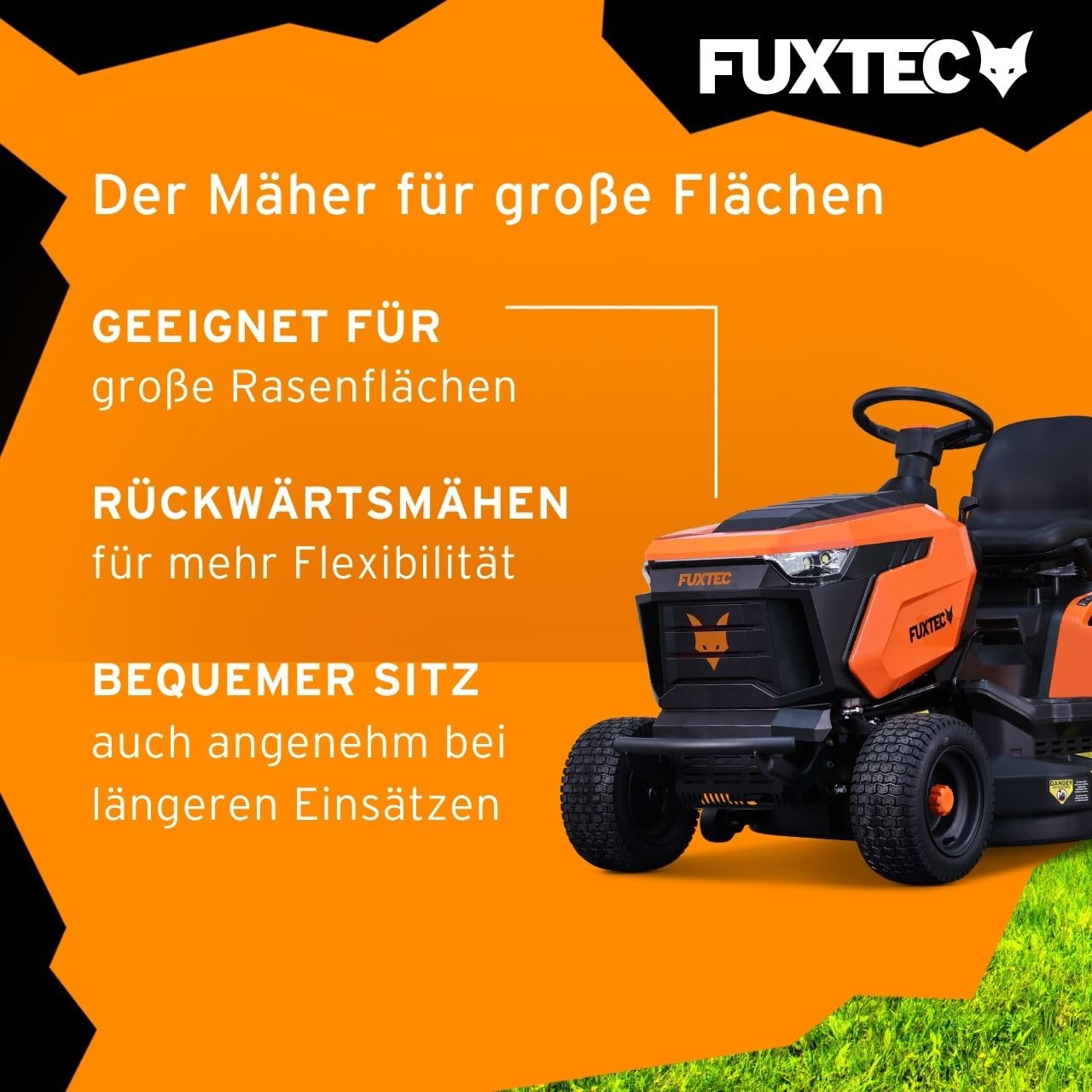 FUXTEC Rasentraktor FX-RMT92A, Aufsitzmäher mit 92cm Schnittbreite, 6-stufige Schnitthöhenverstellung, 452ccm Hubraum, Hydrostat, Rückwärtsmähen, geeignet für Flächen bis 6500m²