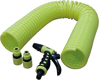 Amig - Manguera - Tipo Helicoidal en Espiral - 15 m - Incluye 4 Accesorios - Con Pistola de Riego, Adaptador de Grifo y 2 Empalmes Rápidos - Goma Eva - Verde Pistacho