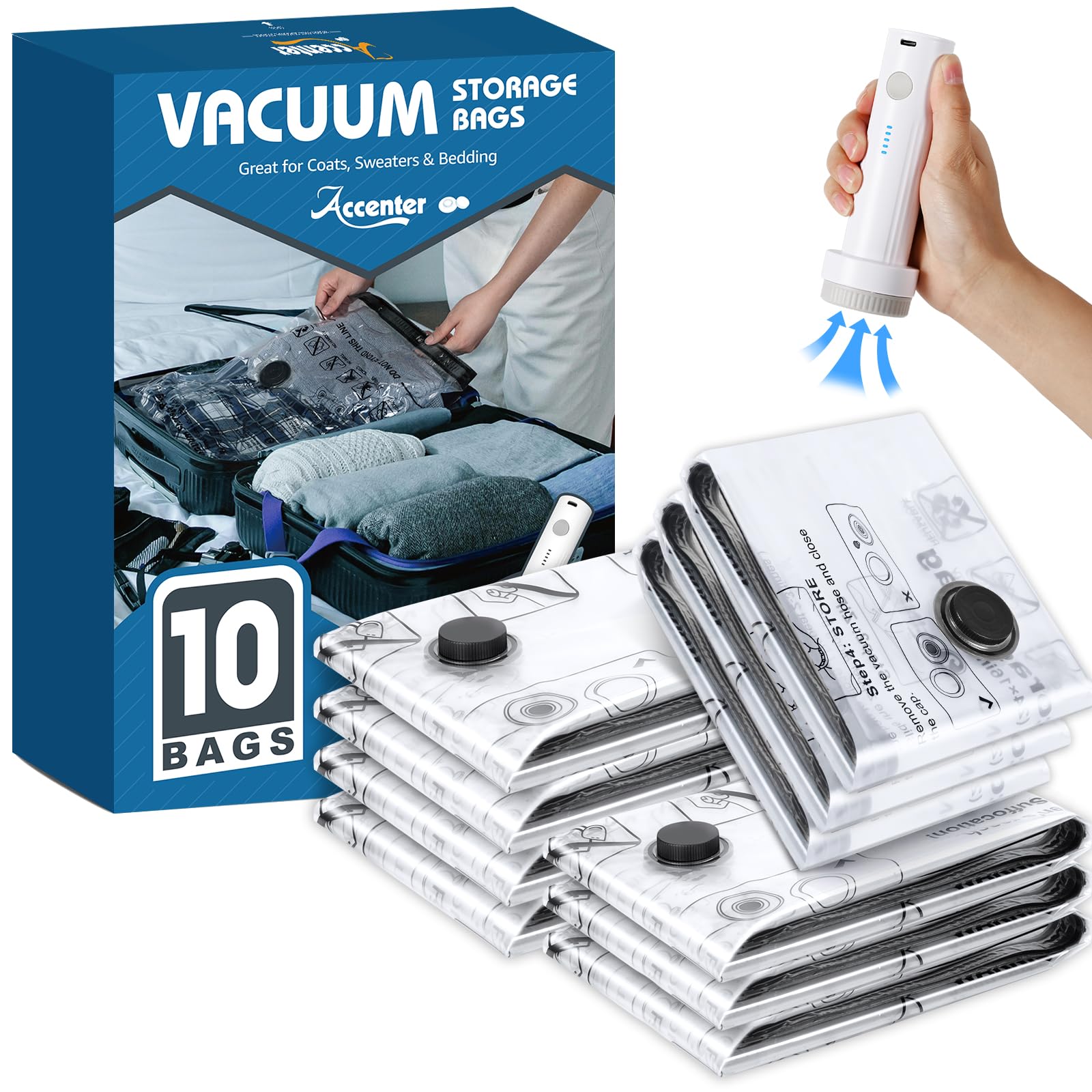 Accenter Vakuumbeutel für Kleidung mit Elektrischer Pumpe,Vakuumbeutel Reise für Koffer Organizer,Kleiderschrank Organizer zur kleidung aufbewahrung,Reisen, Umzug und Alltags-Aufbewahrung