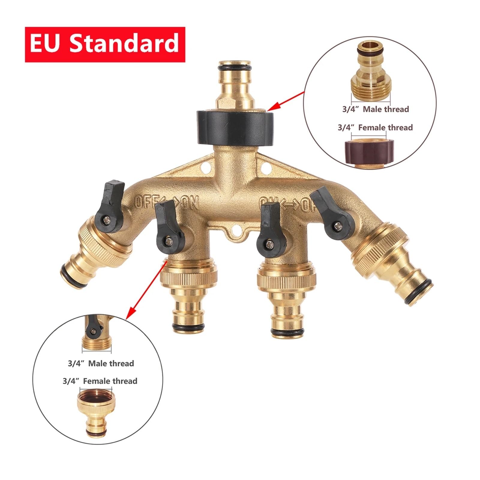 Divisor de agua 4 vías con válvula, conector boquilla tubo grifo junta multidireccional for riego jardín, latón UE/EE. UU., 3/4 ", rosca hembra/macho(EU 1-out-4 Kit3)