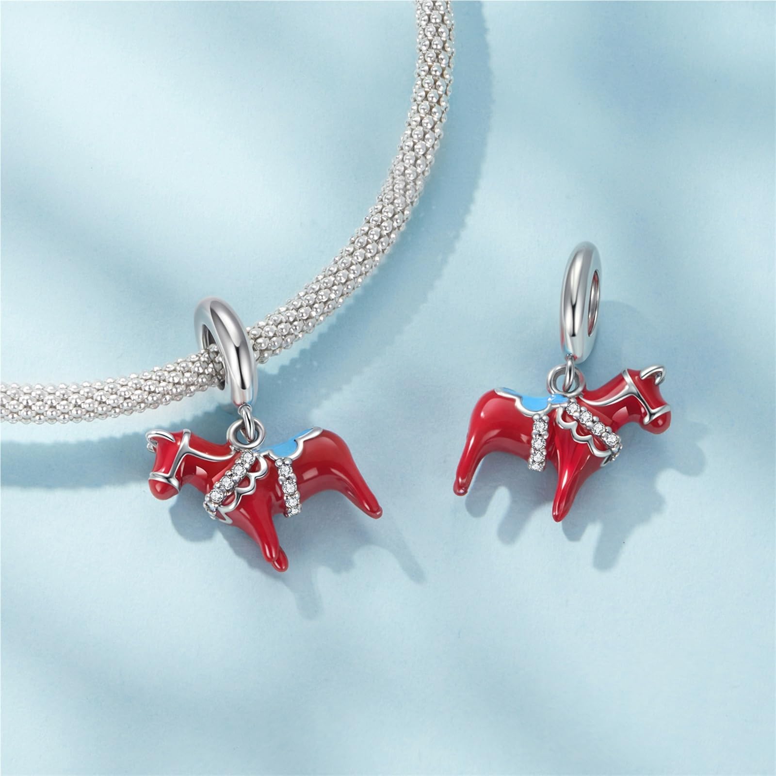 ZUOHUI Dije de caballo Dala sueco de plata esterlina S925 - Cuenta DIY oxidada roja con circonita 3A, compatible con joyas Pandora, Biagi, Troll y Chamilia