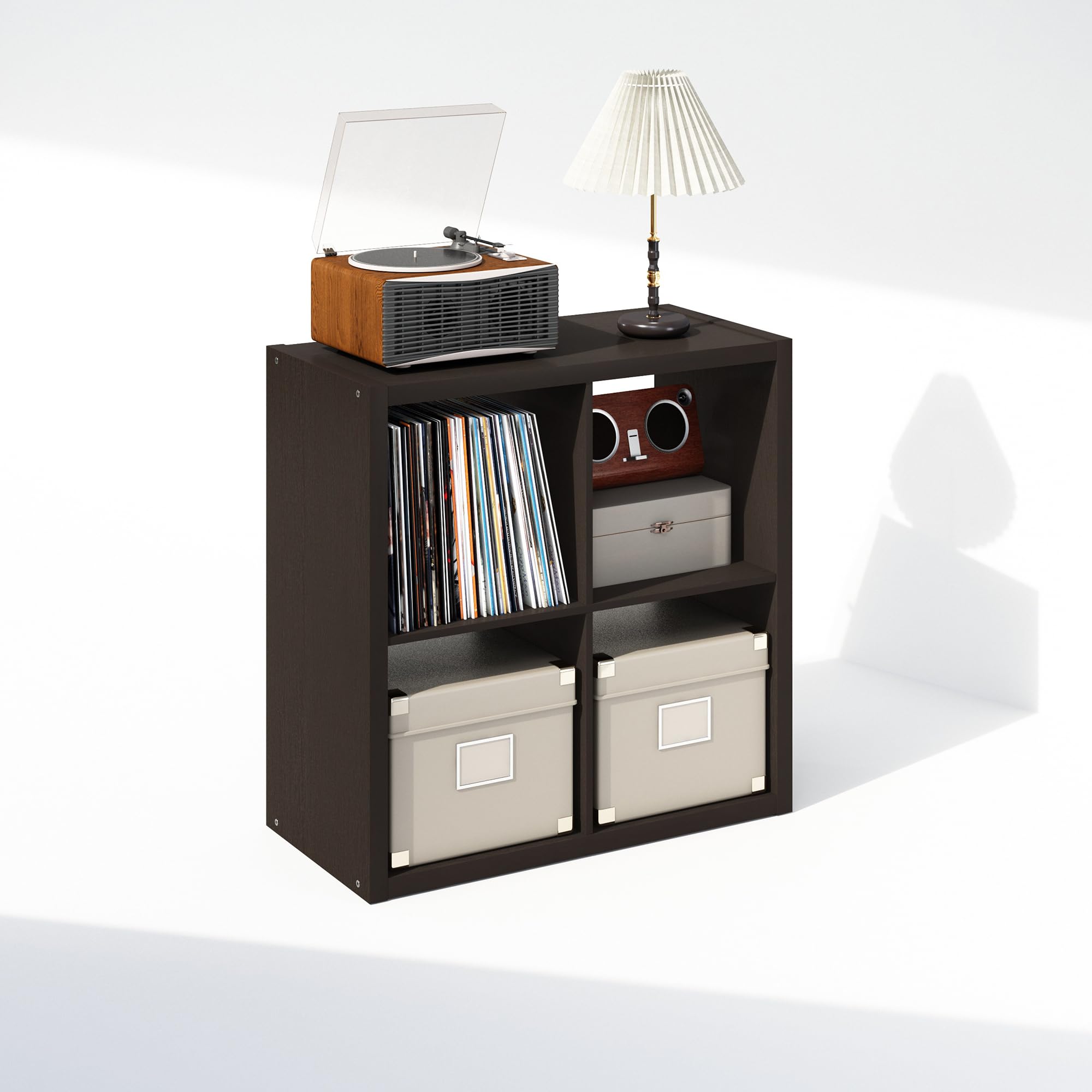 Furinno Cubicle Record Player Stand with Vinyl Storage, 4-Cube 1.2 Extra Thick Vinyl Record Storage, Open Back Media Shelf for CD DVD Blueray Game Disc, for Living Room, Home Office, Black Dark Oak