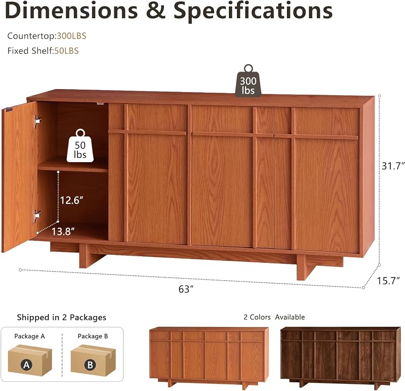 63" Sideboard Buffet Cabinet, Skeleton Lines Design, Cherry image 2