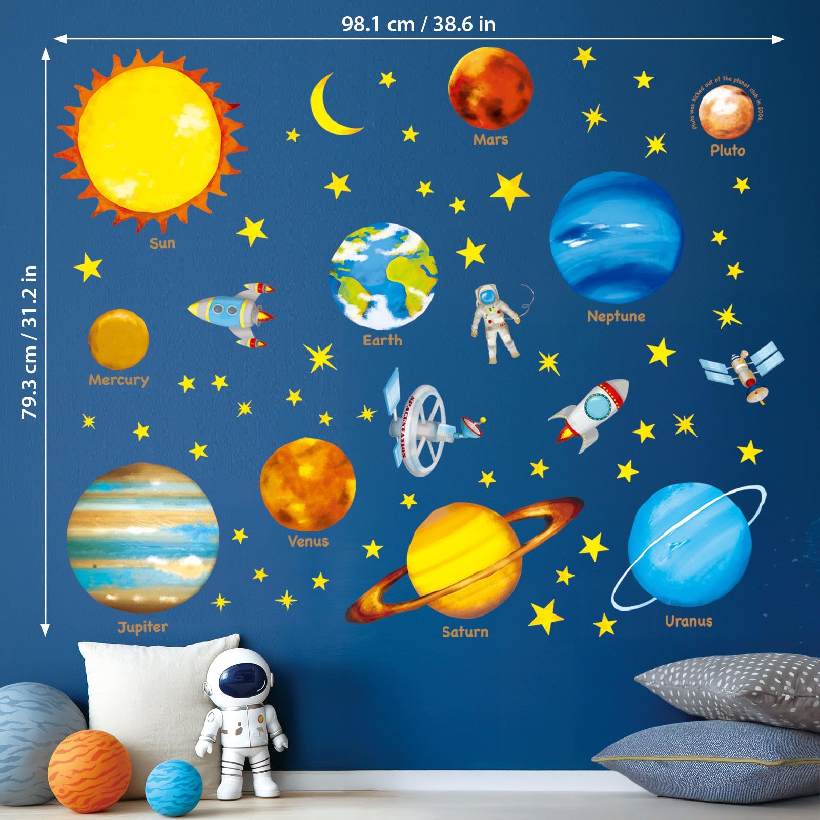DECOWALL Pegatinas de Pared del Sistema Solar y Planetas para Niños, Adhesivos Decorativos Educativos del Espacio con Nombres en Inglés para Habitación Infantil y Sala de Juegos (DS8-1307)