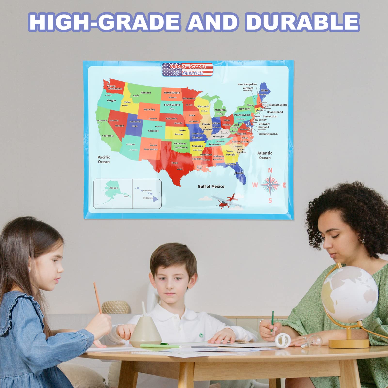 TEHAUX 4blätter Us-karte Lernposter Für Junge Mädchen Pädagogisches Wandplakat Für Vorschule Grundschule Geografie Für Klassenraum