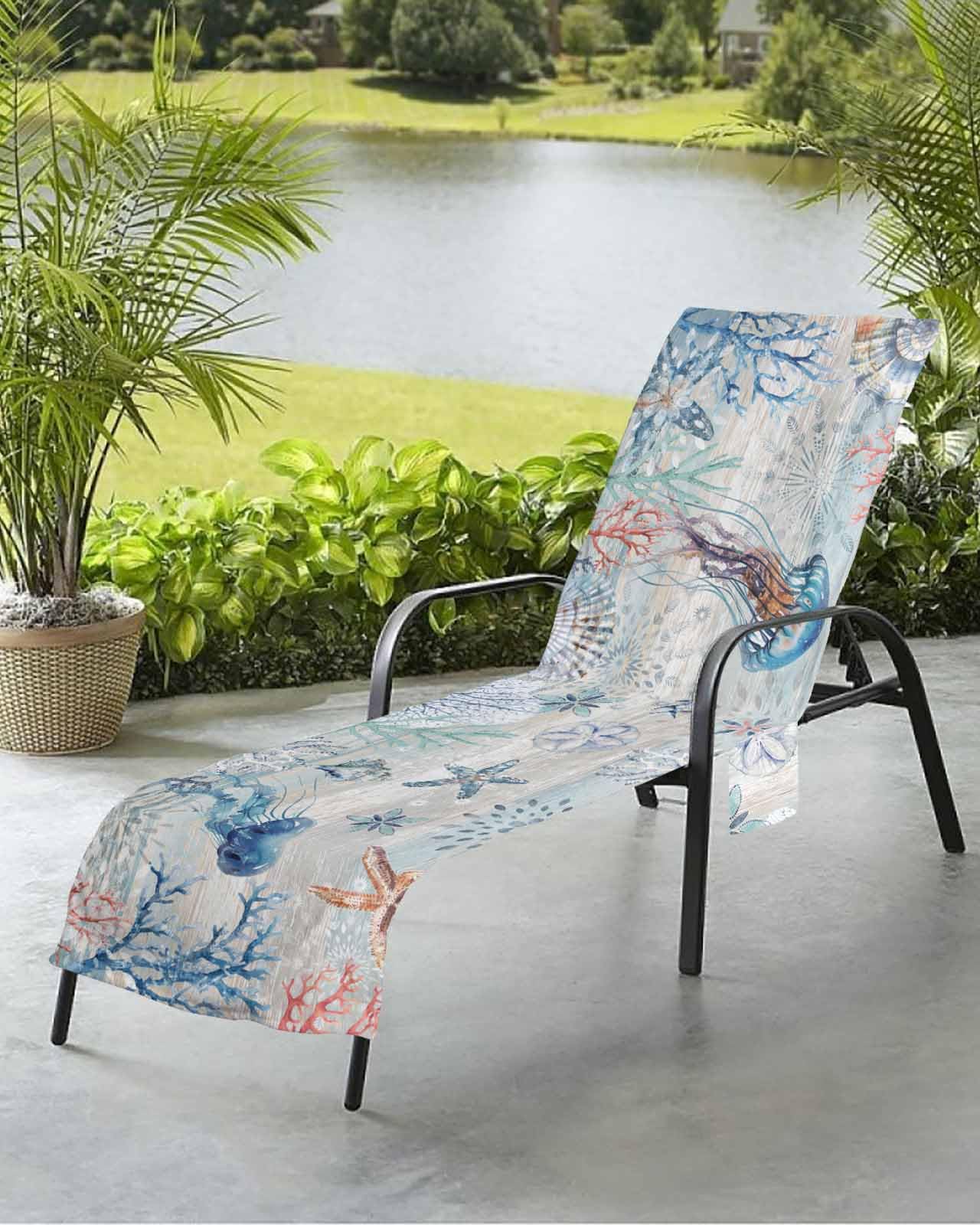 Blue Jellyfish Beach Chair Towel Covers for Chaise Lounge With Side Pocket, Soft Plush Pool Towels Cover for Patio Sunbathing Outdoor Coastal Ocean Starfish Coral Shell Retro Wooden 29''x85''