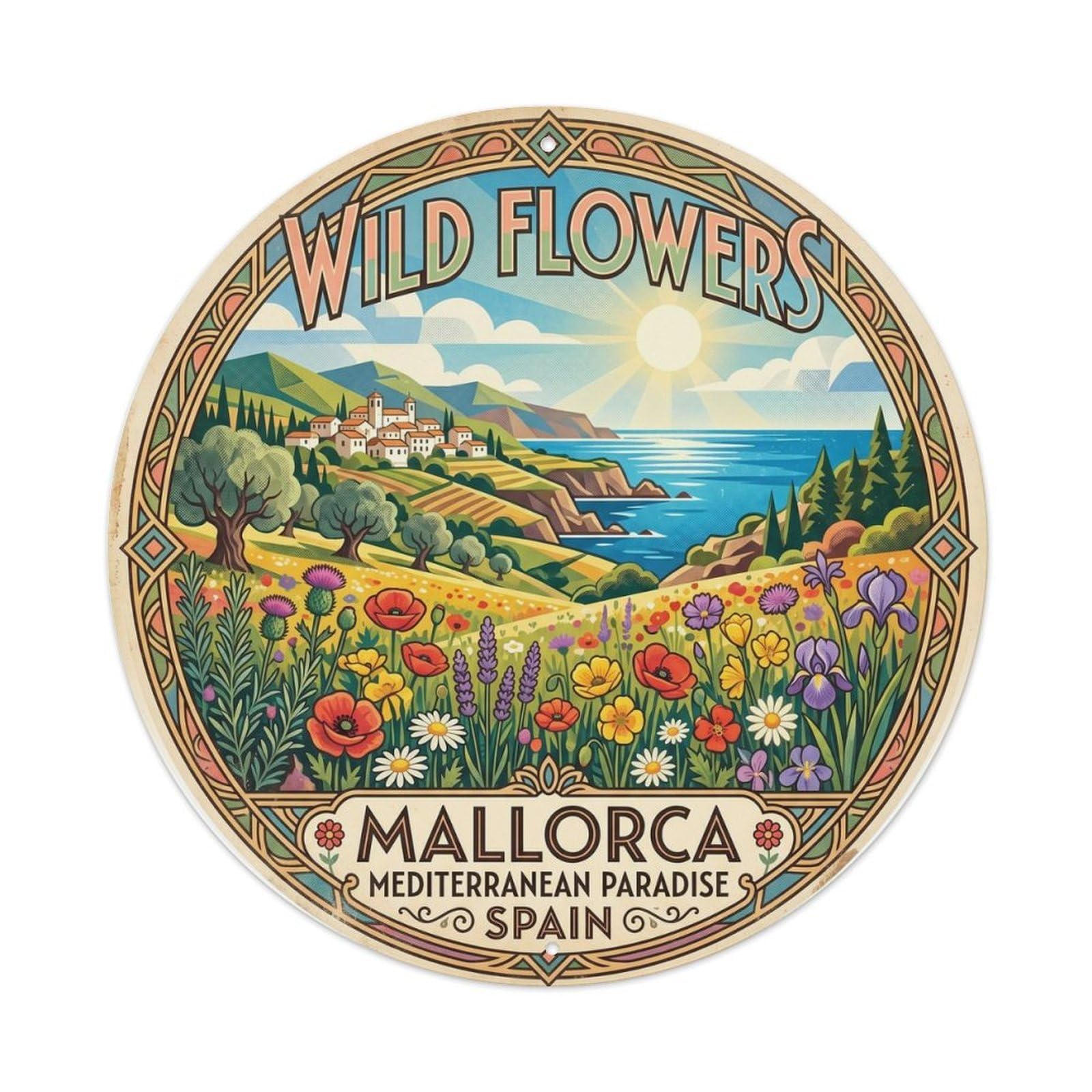 Mallorca Wild Flowers Seaside Journey Village Travel Metal Tin Sign