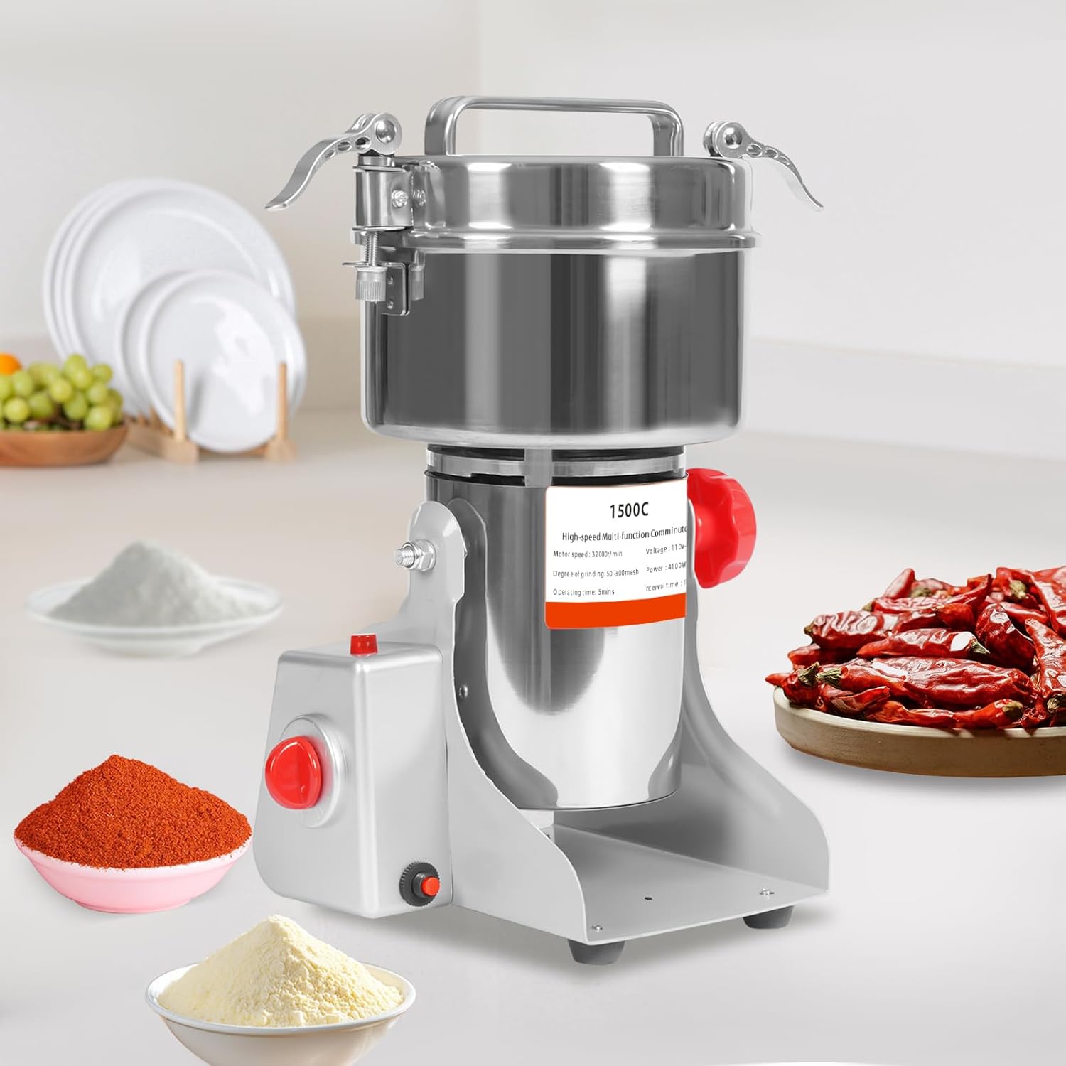 1500g High Speed Food Electric Stainless Steel Grinder Mill Seeds,4100W Electric Grain Mill,30000r/min,Flour Nut Pill Wheat Corn Herbs Spices & Seasonings Dry Grinder (1500g)