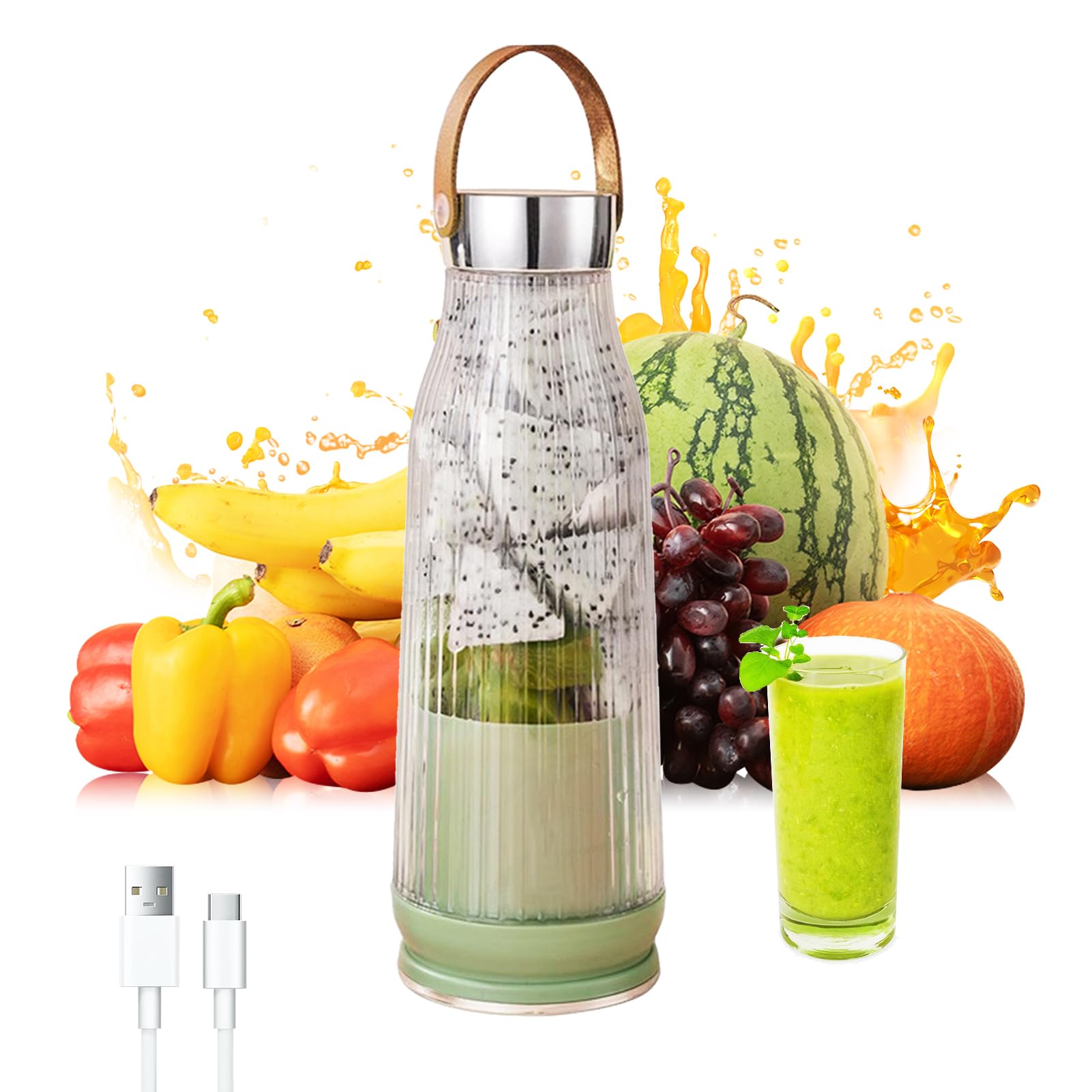 VAODO Portable Personal Blender, Large Capacity Multifunctional Juicer with Cow Leather Handle, 6 Juice Blending Blades Mixer, for Kitchen, Home, Travel, Office, Sports, Gym, 420ml, Green