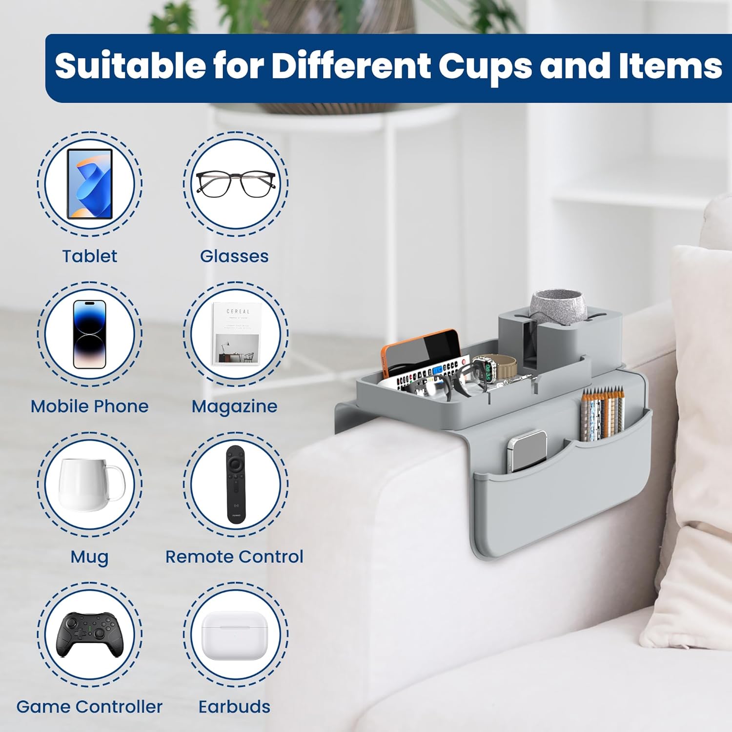 ENNVA Couch Arm Cup Holder Tray, Silicone Anti-Slip Sofa Armrest Table with Dual Side Storage Pockets, Drink Holder, Phone Stand & Remote Organizer, Couch Caddy for Wide Armrest (Gray)