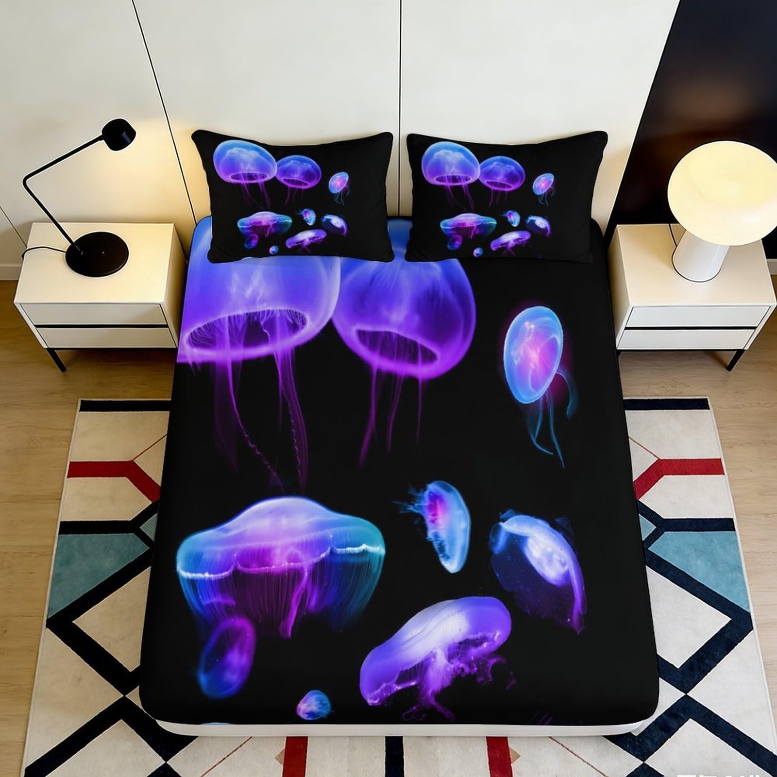 Decorative Jellyfish Fitted Sheet 3D Printed, Microfiber Soft Touch Bed Sheet, Bedroom or Guest Room Bedding, Wrinkle Resistant, Easy Care, 118 Characters 90x200x25cm