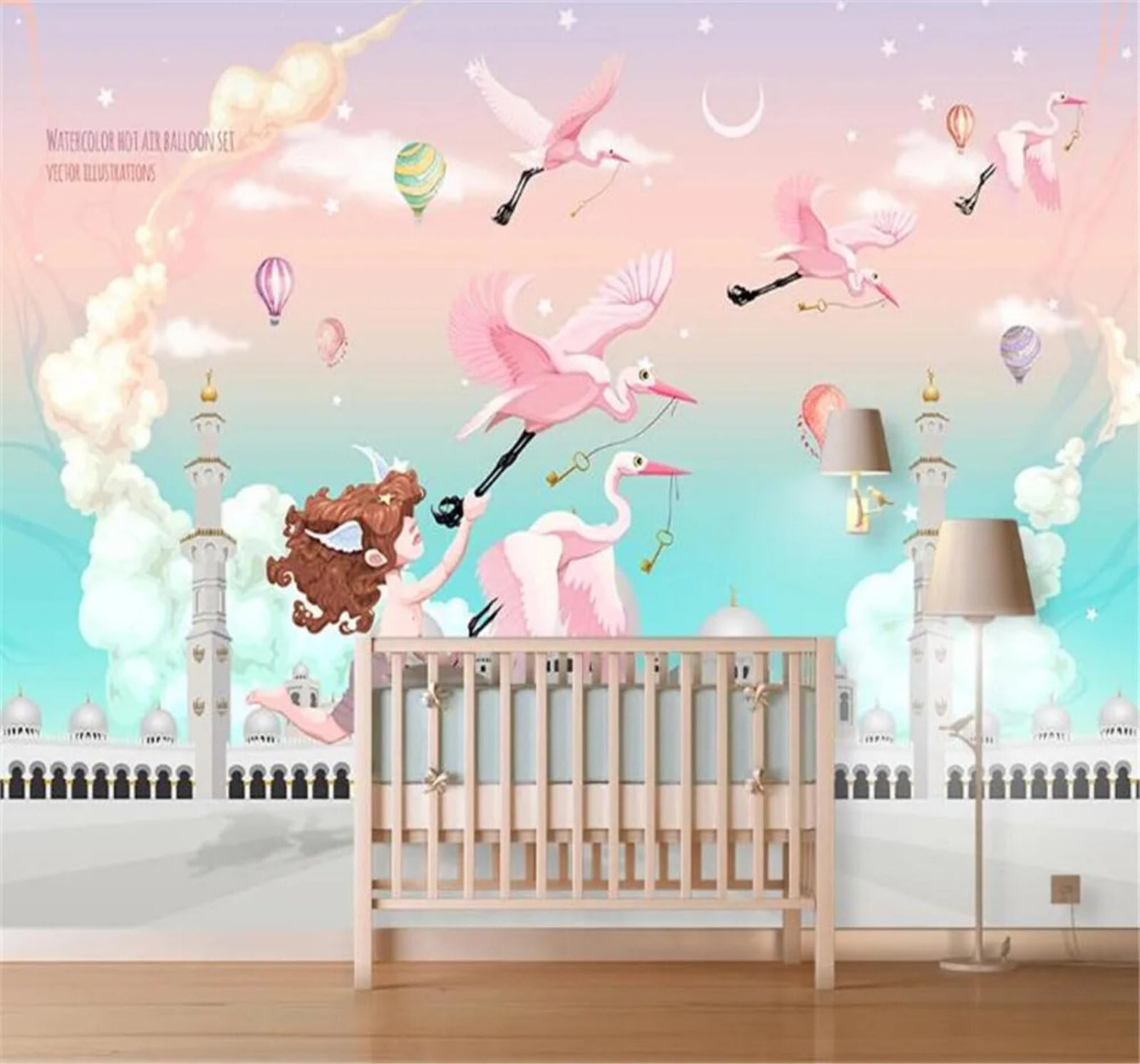 Xlming 430Cm×300Cm(B×H) Abstract Hand Drawn Flamingos Angels Castle 3D Wallpaper Silky Texture Home Study Office Grey Dining Room Sofa Bedroom Living Room Tv Backdrop-430Cm×300Cm