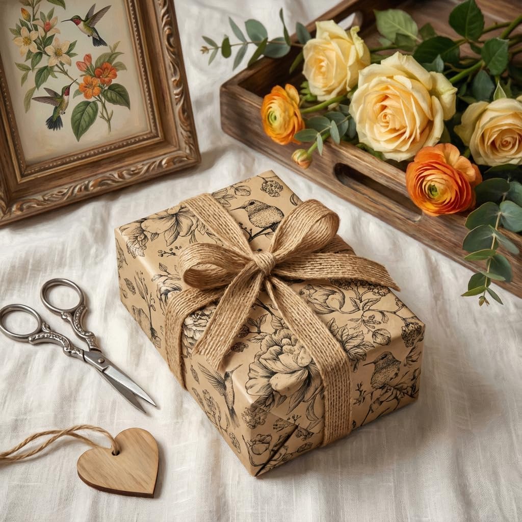 VCOOHM Kraft Floral Bird Wrapping Paper Roll - 17 Inches x 9.8 Feet Mini Roll - Vintage Flower and Bird Gift Wrap Paper with Lines for Birthday, Wedding, Baby Shower, Bridal Shower, and All Occasions
