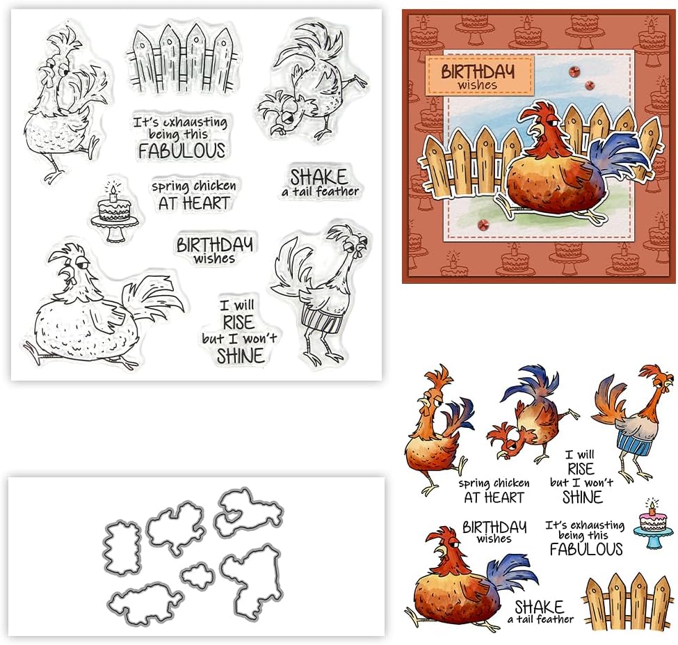 Cute Cartoon Funny Rooster Chicken Clear Stamps and Metal Cutting Dies Set with Plastic Envelope Box for Card Making DIY Albums Crafts Scrapbooking Supplies Silicone Stamps Knife Mold