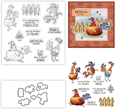 Cute Cartoon Funny Rooster Chicken Clear Stamps and Metal Cutting Dies Set with Plastic Envelope Box for Card Making DIY Albums Crafts Scrapbooking Supplies Silicone Stamps Knife Mold