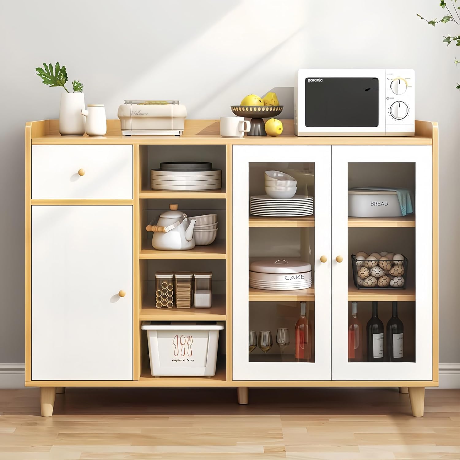 Gabinete De Despensa De Cocina Moderna, Mesa De Consola Buffetera, Credenza para TV Vintage Vinoteca Alacena con Puertas Estante De Organizador De Microondas Multifuncional 120x90x35CM