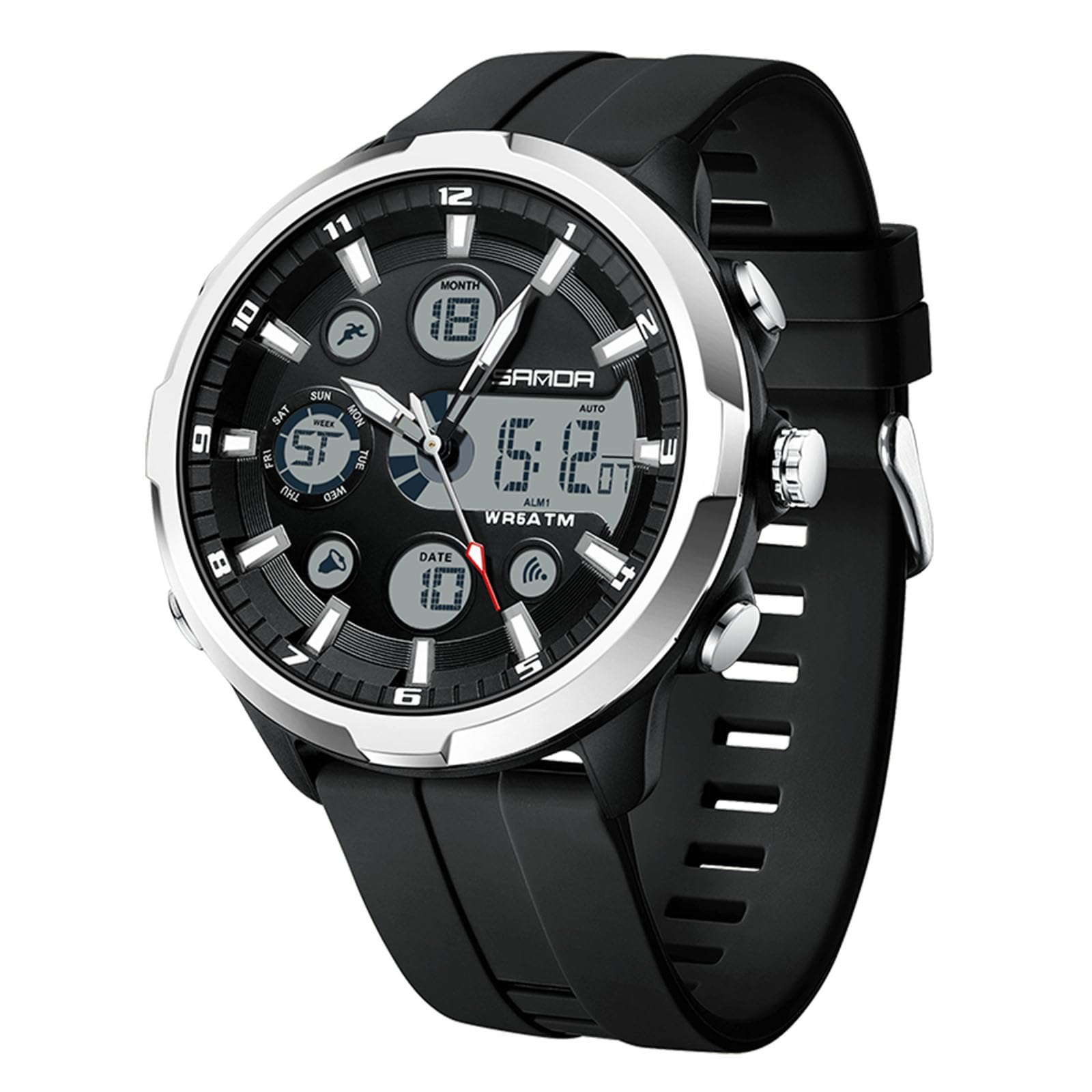 RORIOS Men's Dual Display Watch Sport Digital Wristwatch Analog Quartz Wrist Watch Fashion Multifunctional Watch Electronic Waterproof Watch Silicone Strap Black Silver