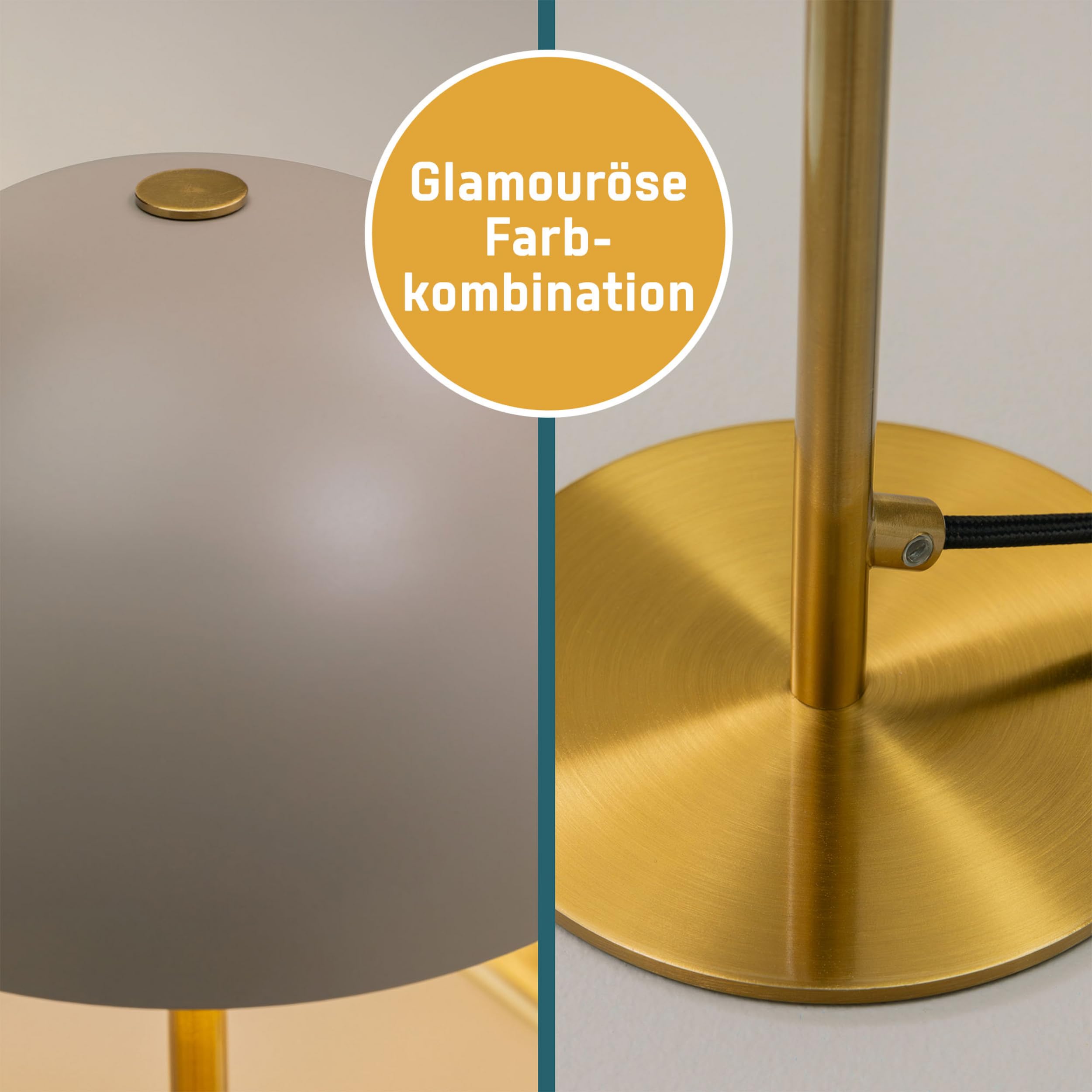Lightbox Pilz Tischlampe | 36 cm Höhe, Ø 20 cm | Tischleuchte mit Wipp-Schalter | glamouröse LED Lampe als Nachttischlampe für das Schlafzimmer | E14 | aus Metall in Goldfarben/Matt Taupe/Grau