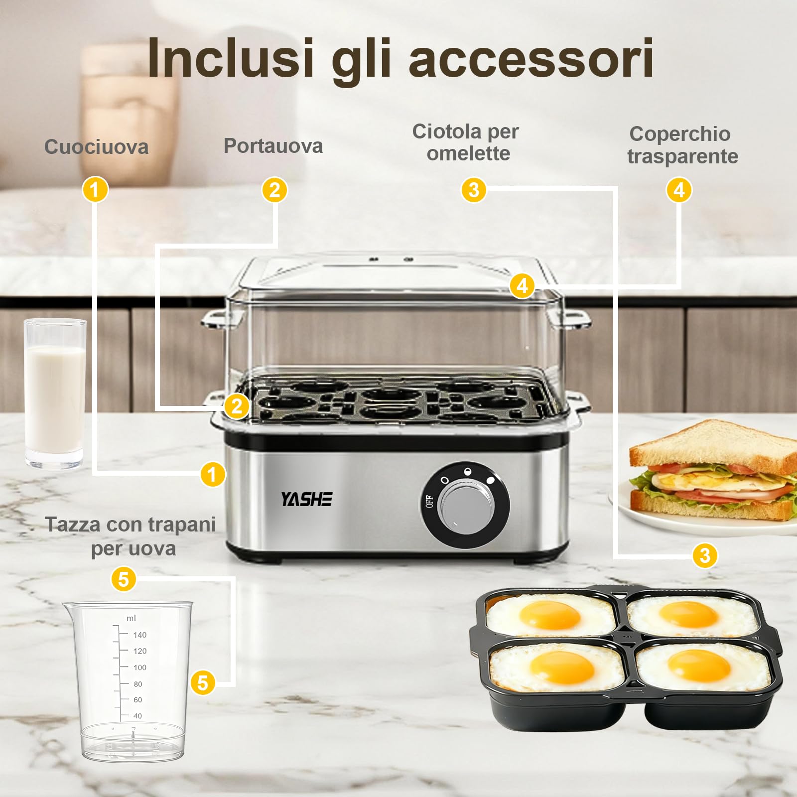 YASHE Cuociuova elettrico in acciaio inox per 8 uova sode, medie e alla coque, in camicia con spegnimento automatico e cicalino, include ciotola per frittata e misurino, senza BPA