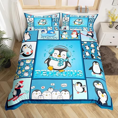 Juego de funda de edredón de pingüinos de dibujos animados para niños, tamaño King, lindo juego de ropa de cama de esquí de animales árticos,