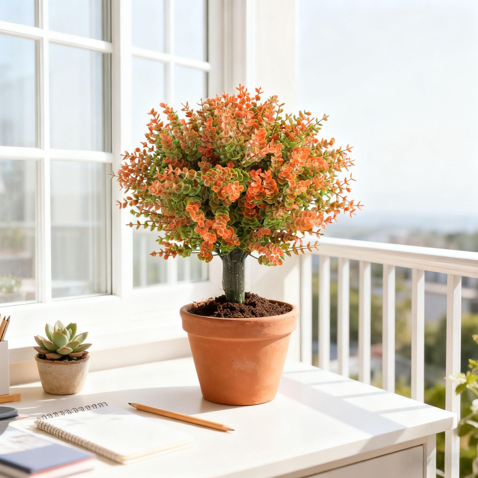 Qcwwy Piante di Eucalipto Artificiale per la Decorazione del Portico Anteriore, Materiale PE, Arte Topiaria Arancione Vibrante, 17,7 Pollici, Ideale per Spazi Esterni