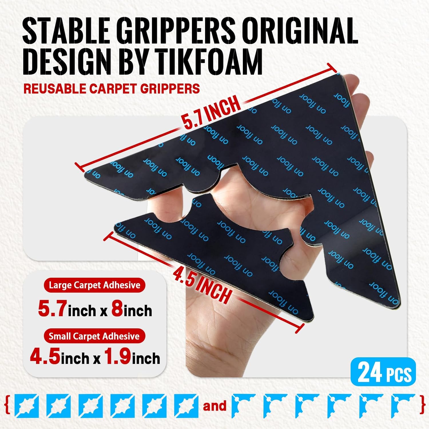 Rug Non Slip Grippers, Reusable Rug Tape, No Damaging for Floor, Carpet Corner Stickers for Hardwood Floors and Tiles, Strong Hold Carpet Gripper for Area Rugs, 24Pcs