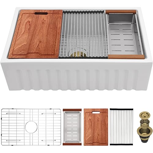 Lordear White Farmhouse Kitchen Sink 33x20x10 Inch Single Bowl White Workstation Kitchen Sinks Apron Front Fireclay Porcelain Ceramic 33 Inch Farm Sink
