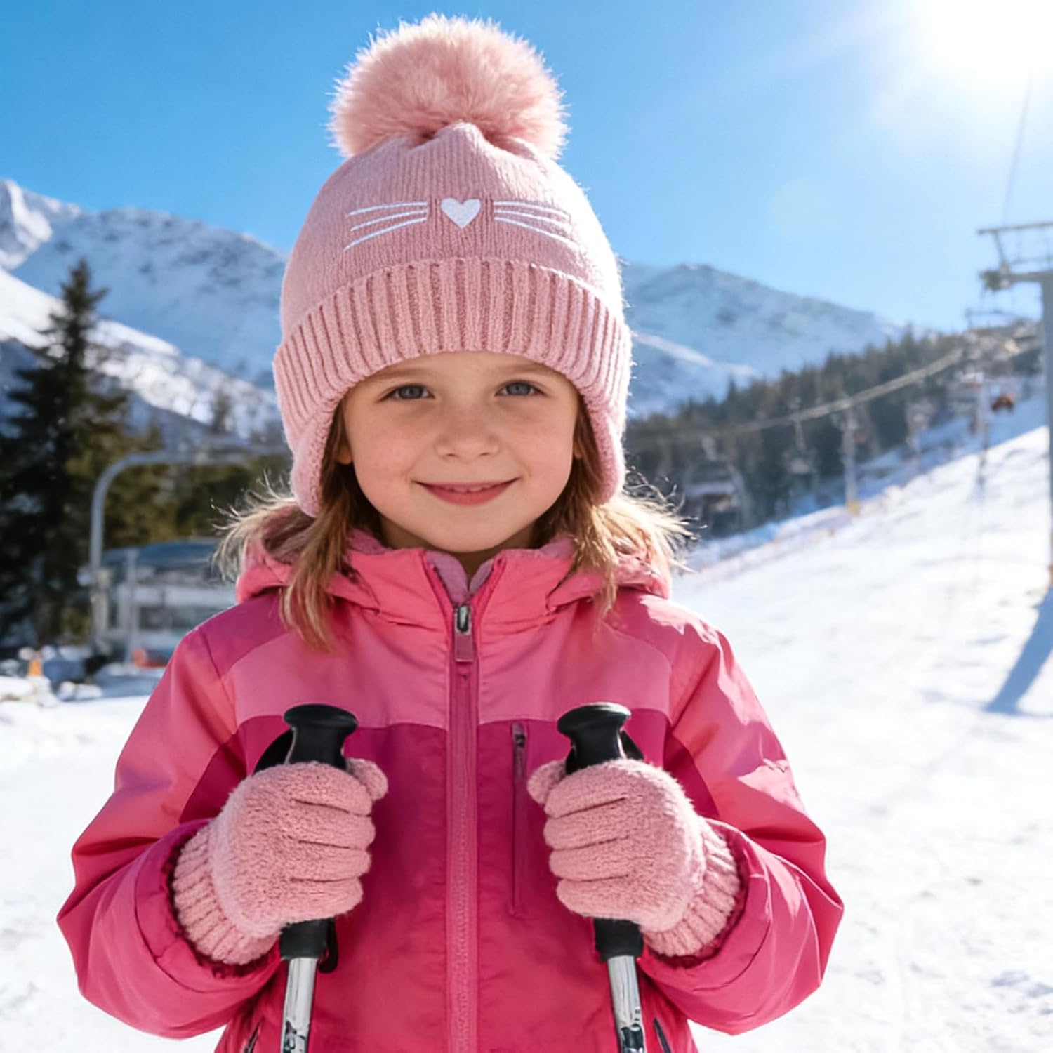 Girls Winter Hat and Gloves Set, Kids Cat Embroidered Knit Beanie with Earflaps Fleece Lined Pom Pom Ski Cap for 2-10Y - Image 5