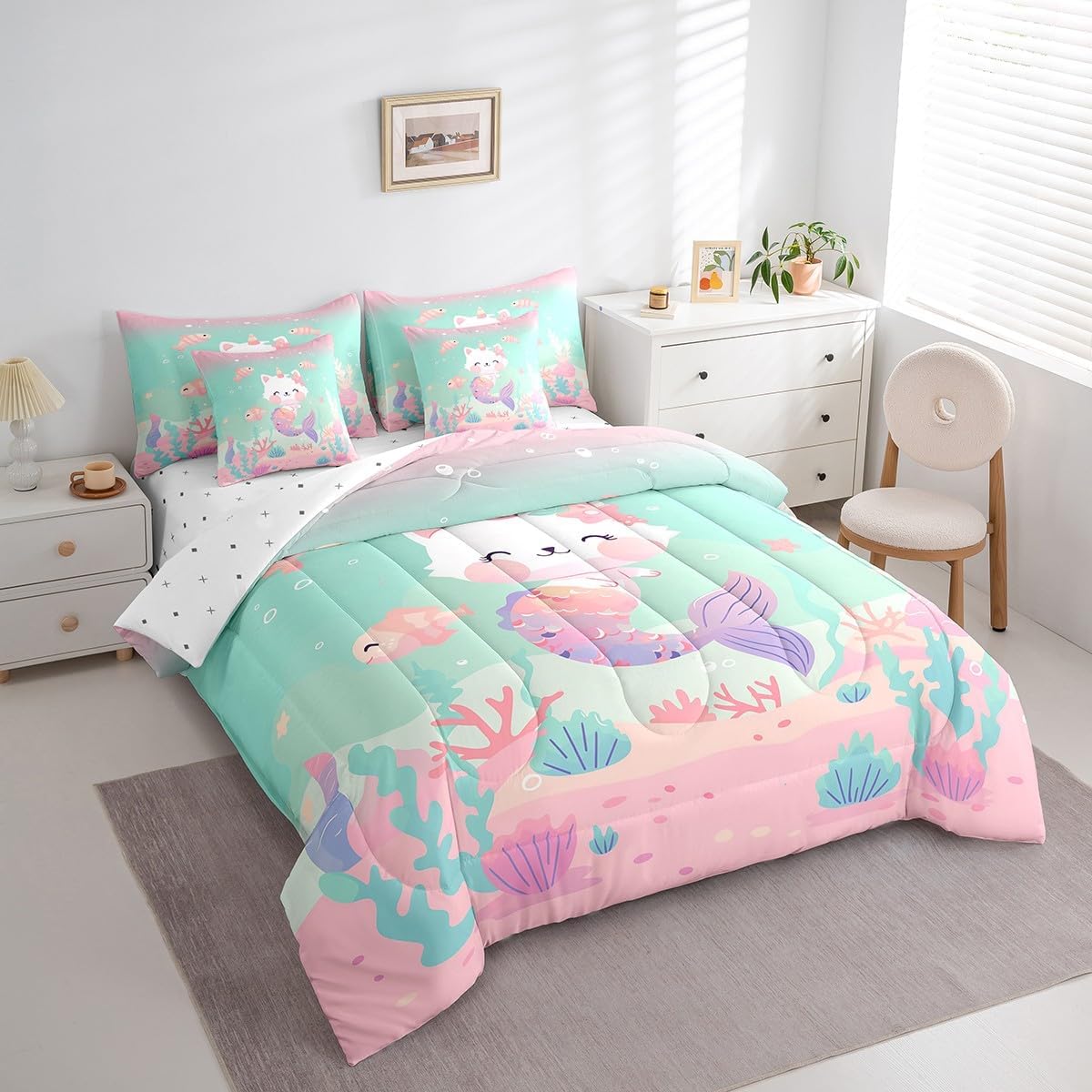 Manfei 7 Pieces Mermaid Kids Comforter Set Queen Size, Cute Cat Mermaid Unicorn Bedding Set for Boys Girls Room Decor, Marine Life Bed in a Bag with Comforter, Fitted Sheet, Top Sheet and Pillowcases