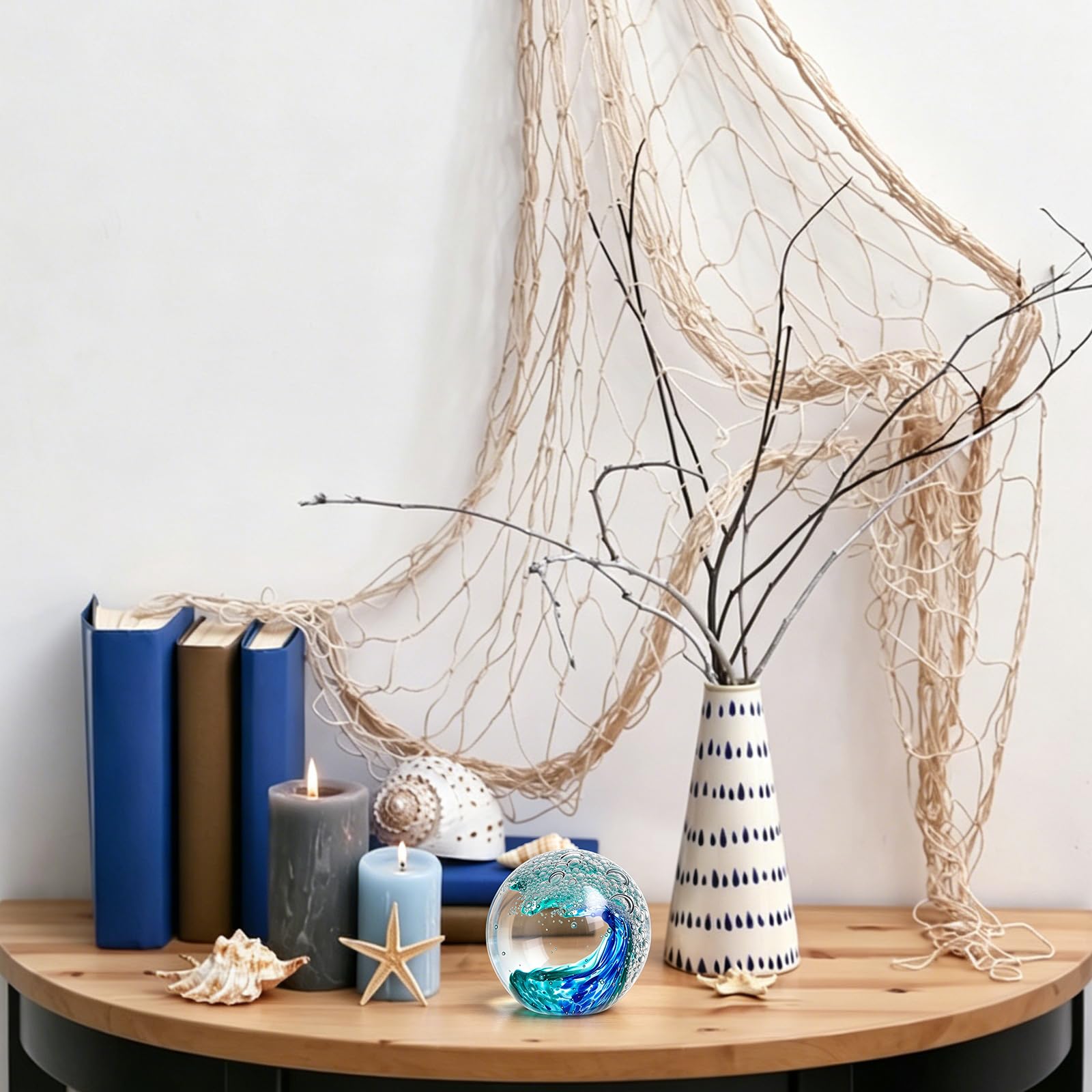 2 Stück Mundgeblasene Glaskugel In Form Einer Ozeanwelle Blaue Meereswellen Kristallfigur Briefbeschwerer Kugelförmiges Kristallkunstwerk Für Zuhause Büro Nautische Dekoration